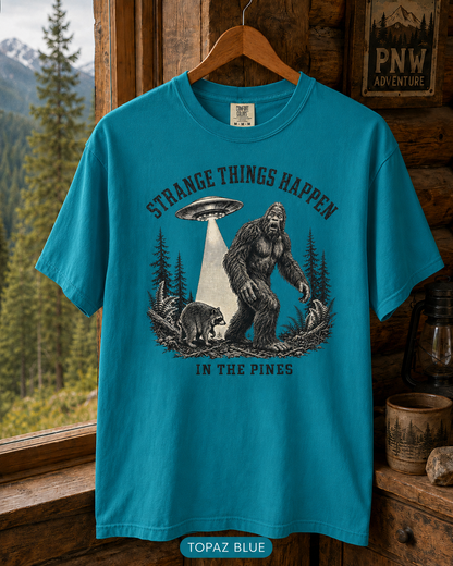 Bigfoot and UFO Forest Scene T-Shirt | Sasquatch Alien Encounter Tee