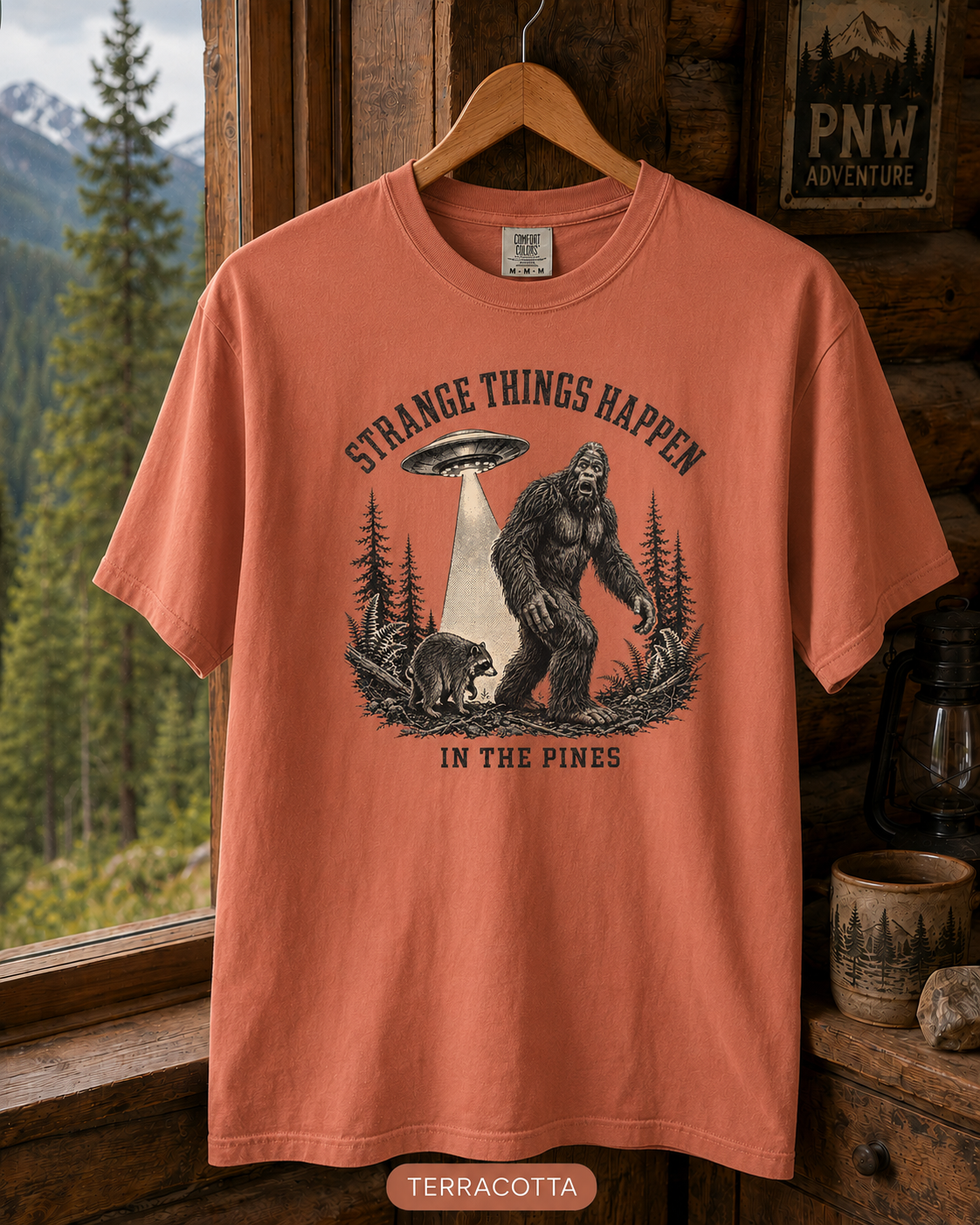 Bigfoot and UFO Forest Scene T-Shirt | Sasquatch Alien Encounter Tee