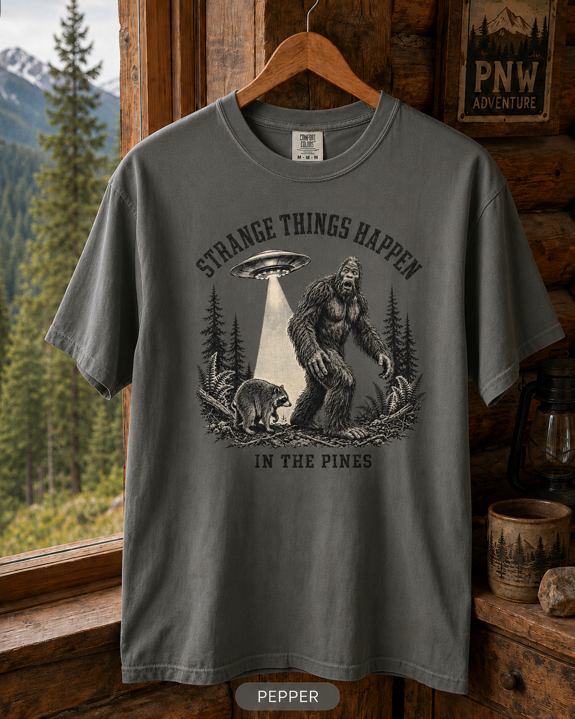 Bigfoot and UFO Forest Scene T-Shirt | Sasquatch Alien Encounter Tee