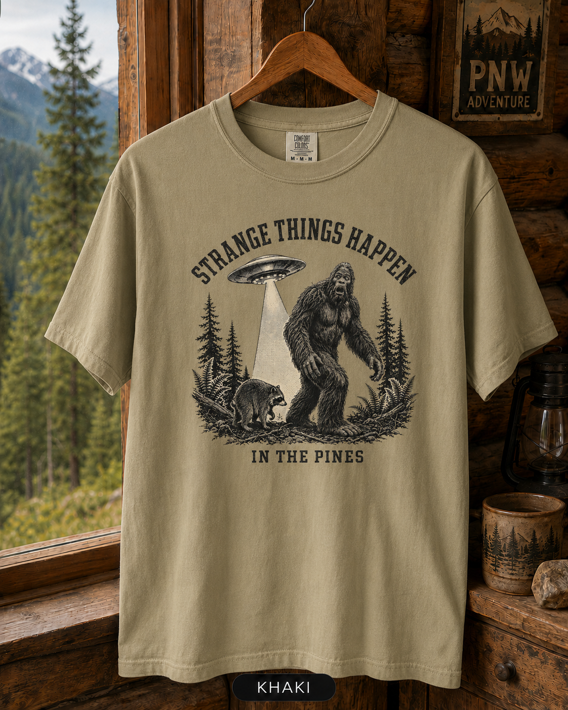 Bigfoot and UFO Forest Scene T-Shirt | Sasquatch Alien Encounter Tee