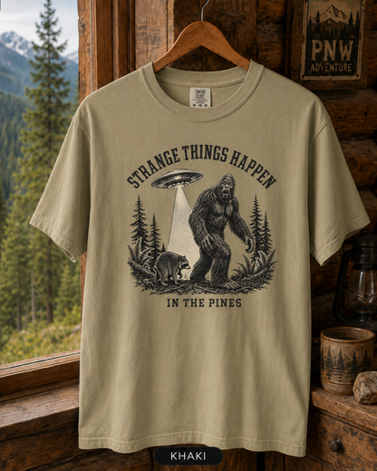 Bigfoot and UFO Forest Scene T-Shirt | Sasquatch Alien Encounter Tee