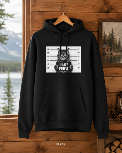 I Hate People Cat Mugshot Hoodie — Funny Anti-Social Graphic Hoodie