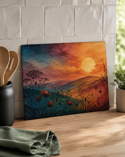 Sunset Wildflower Field Glass Cutting Board | Scenic Landscape Kitchen Decor