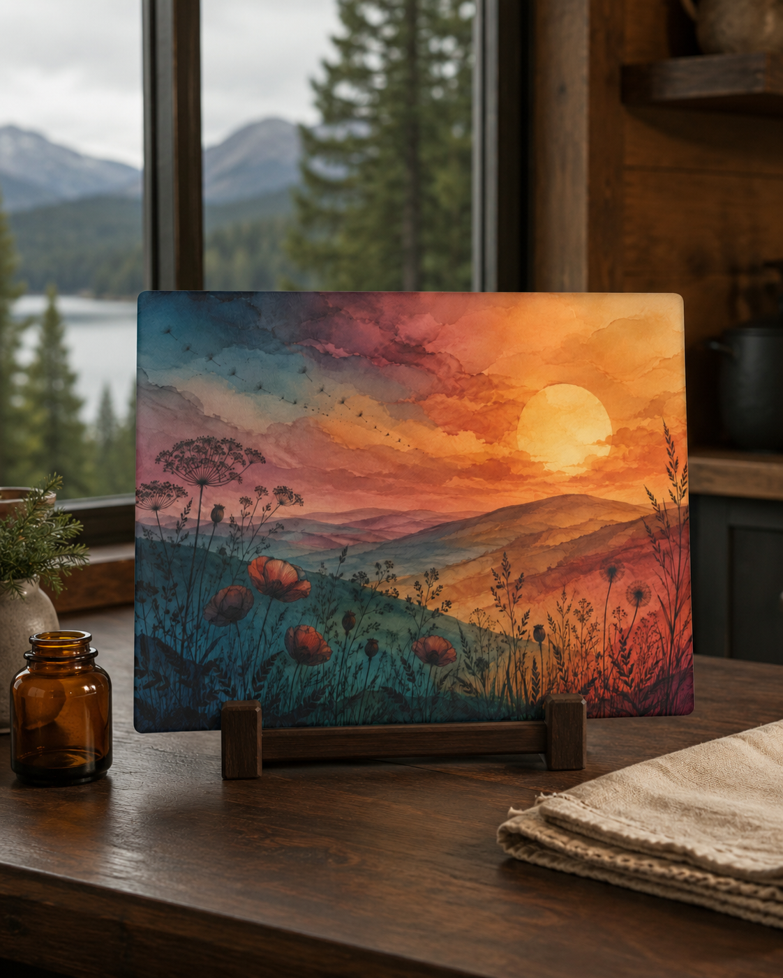 Sunset Wildflower Field Glass Cutting Board | Scenic Landscape Kitchen Decor