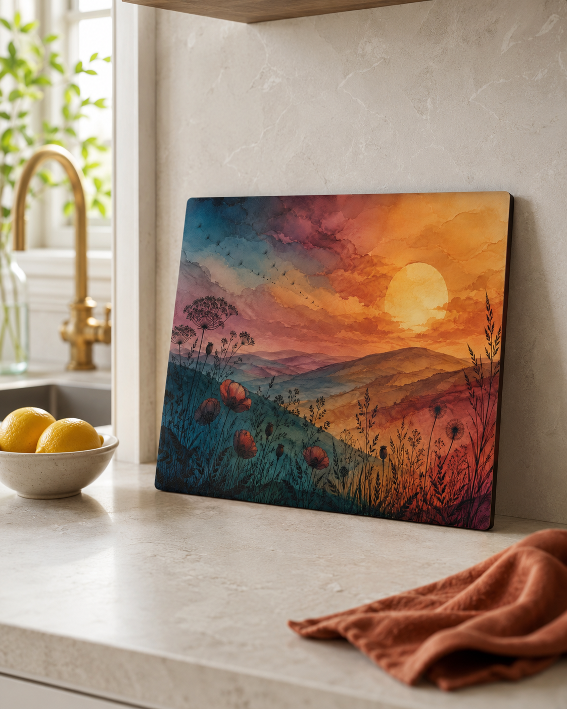 Sunset Wildflower Field Glass Cutting Board | Scenic Landscape Kitchen Decor