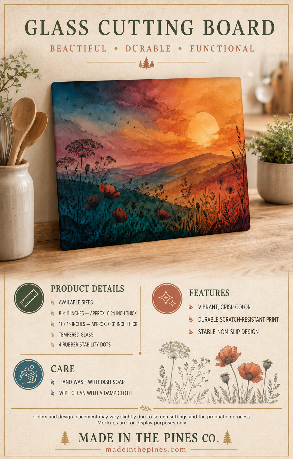 Sunset Wildflower Field Glass Cutting Board | Scenic Landscape Kitchen Decor