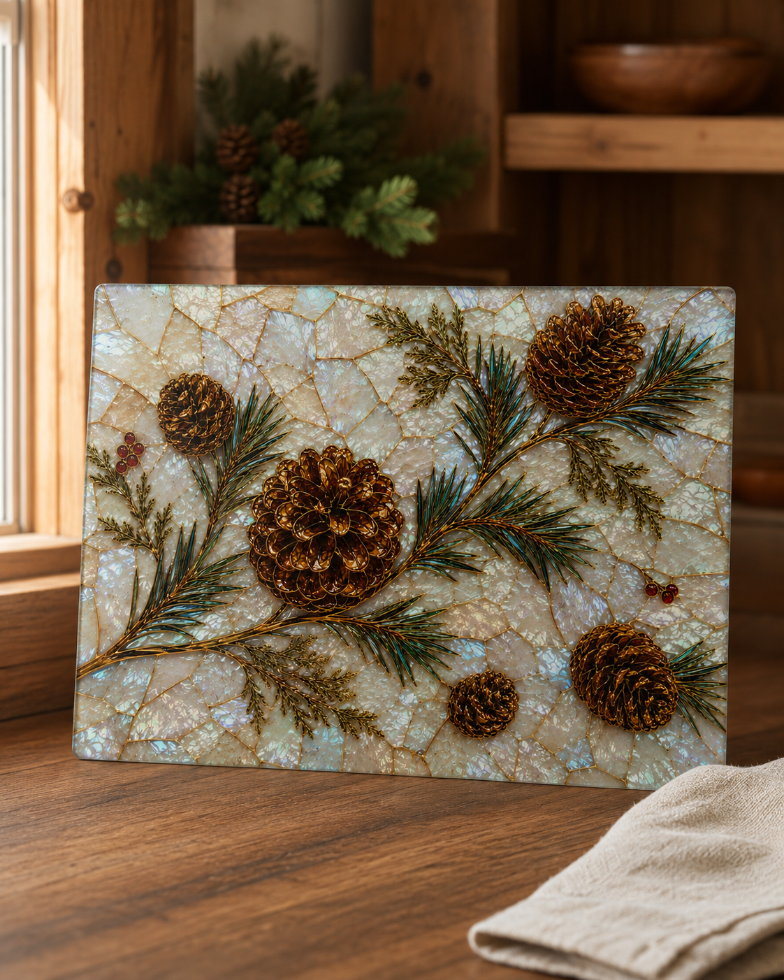 Pinecones and Evergreens Glass Cutting Board | Rustic Holiday Kitchen Decor