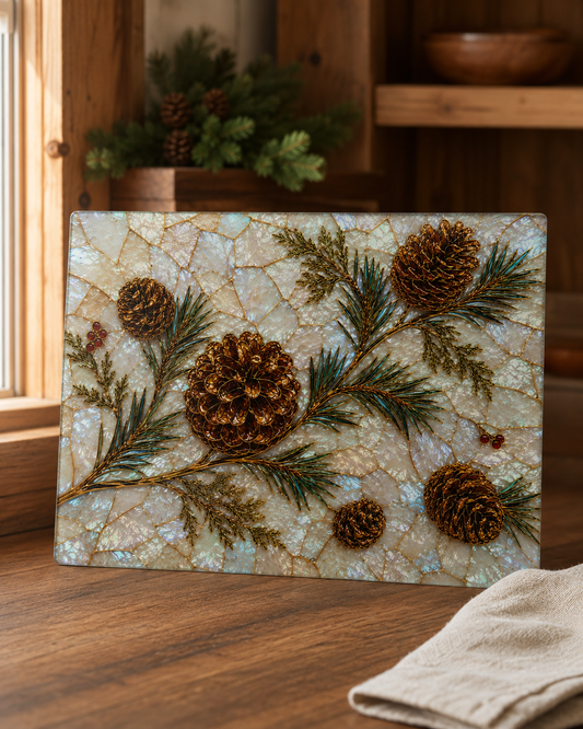 Pinecones and Evergreens Glass Cutting Board | Rustic Holiday Kitchen Decor