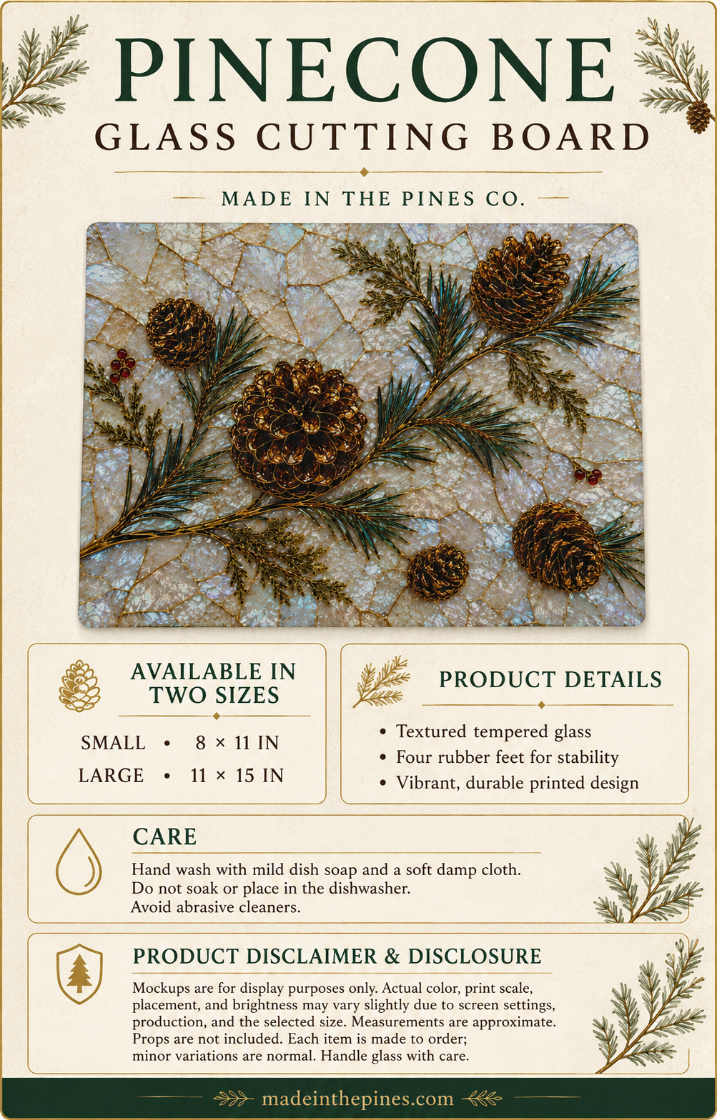 Pinecones and Evergreens Glass Cutting Board | Rustic Holiday Kitchen Decor