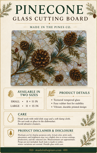 Pinecones and Evergreens Glass Cutting Board | Rustic Holiday Kitchen Decor