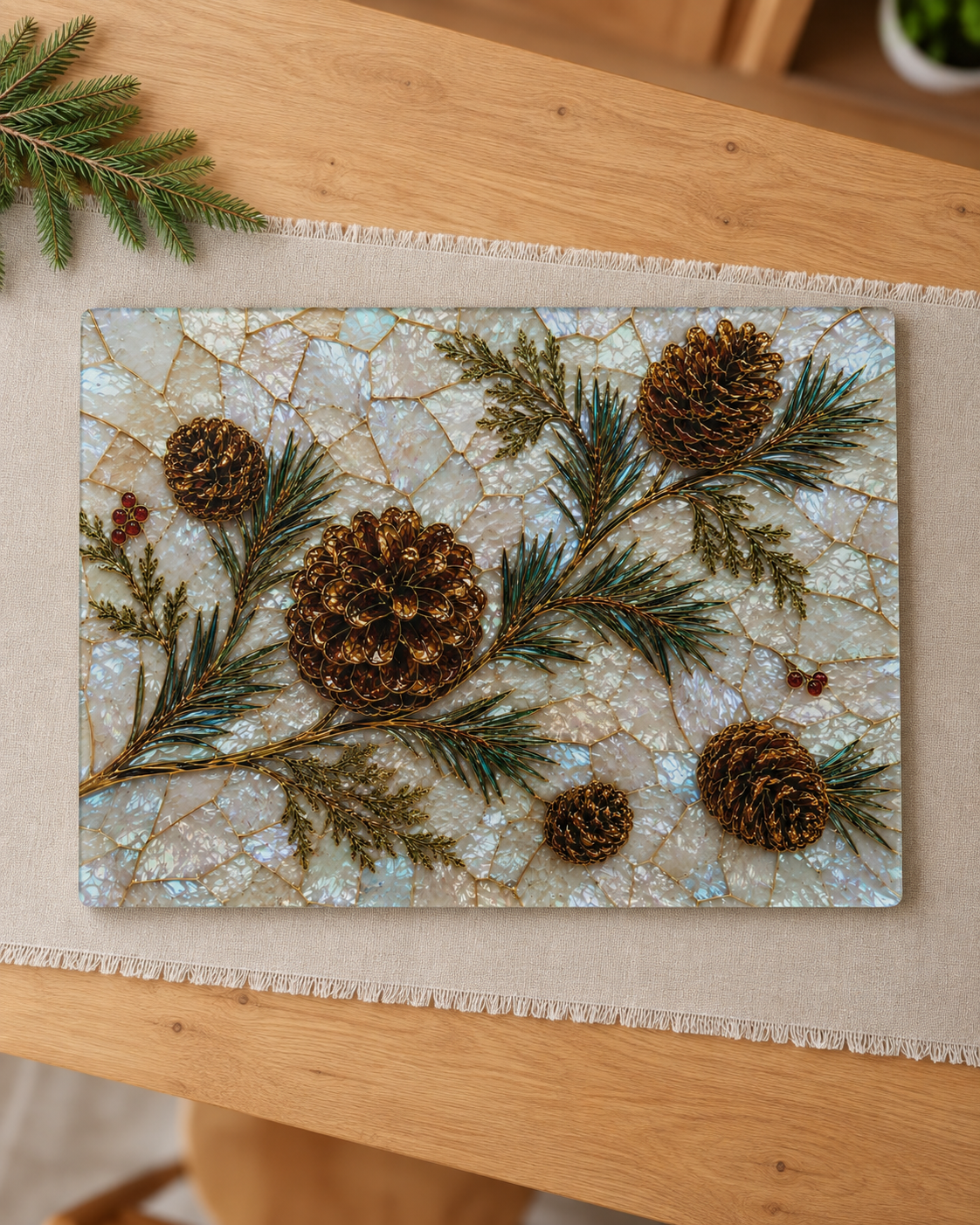 Pinecones and Evergreens Glass Cutting Board | Rustic Holiday Kitchen Decor