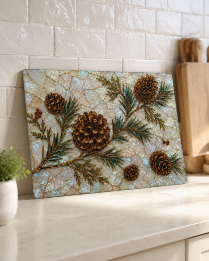 Pinecones and Evergreens Glass Cutting Board | Rustic Holiday Kitchen Decor