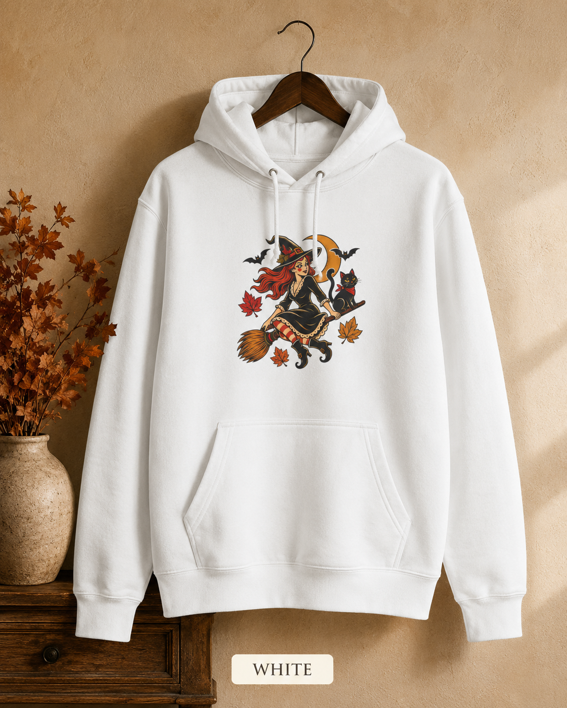 Witch on Broom Hoodie | Halloween Cat, Falling Leaves, Crescent Moon