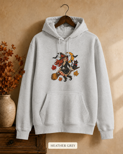 Witch on Broom Hoodie | Halloween Cat, Falling Leaves, Crescent Moon