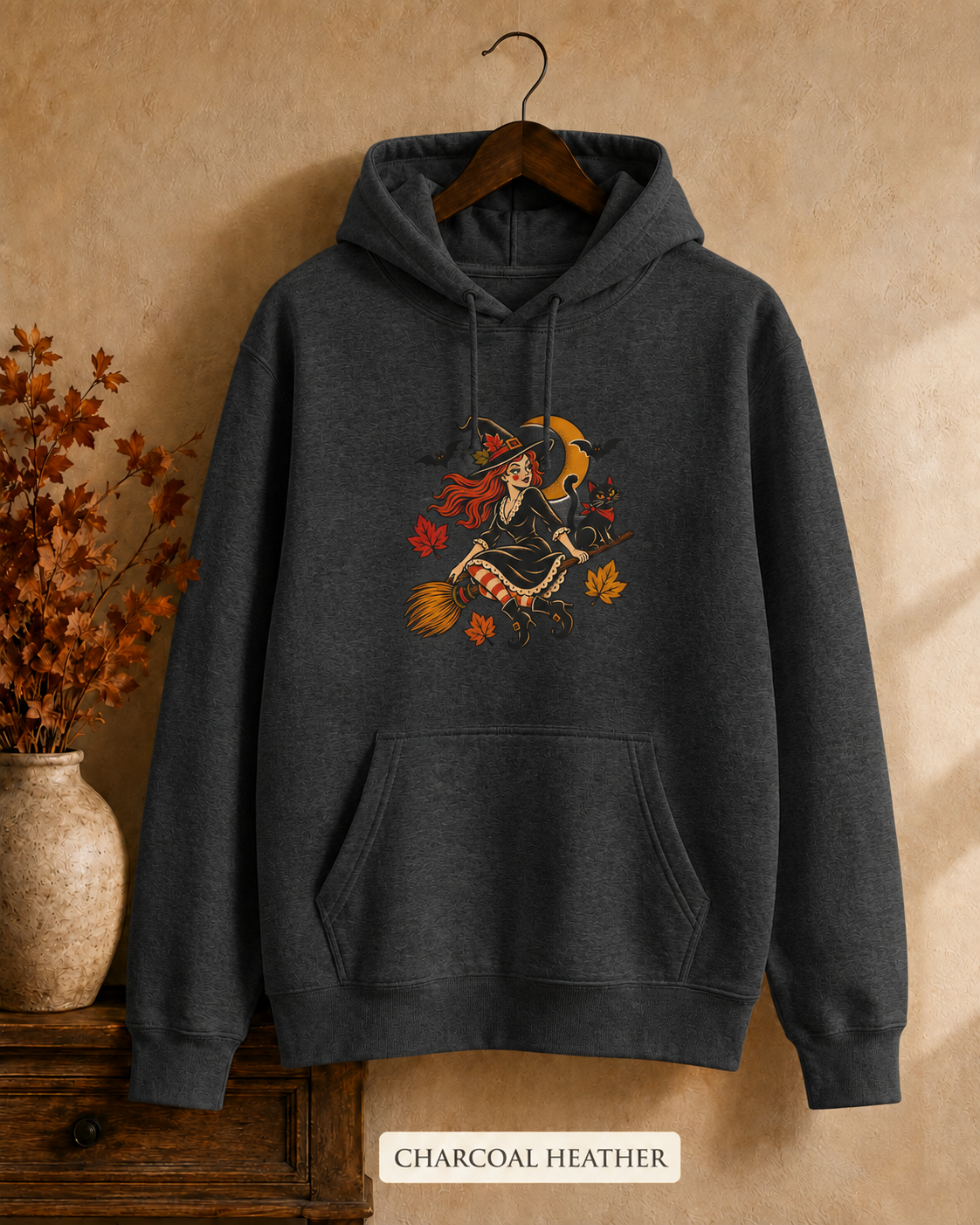 Witch on Broom Hoodie | Halloween Cat, Falling Leaves, Crescent Moon