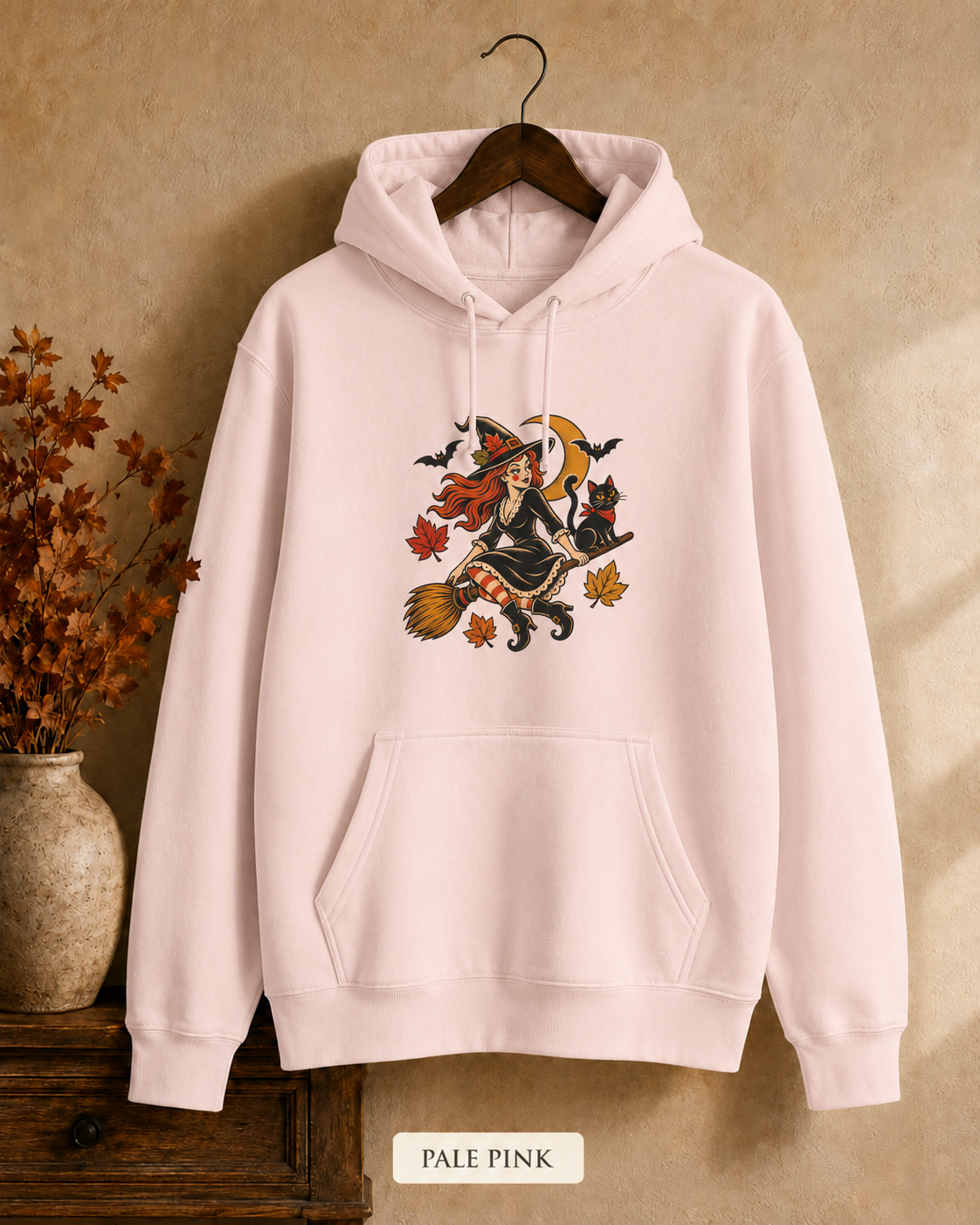 Witch on Broom Hoodie | Halloween Cat, Falling Leaves, Crescent Moon