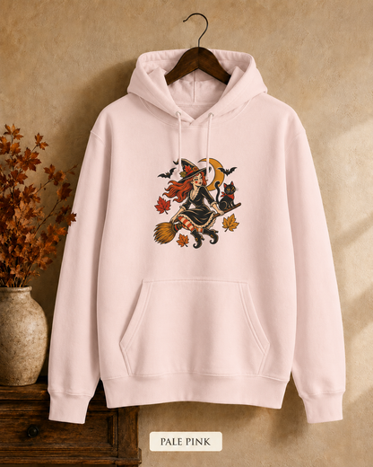 Witch on Broom Hoodie | Halloween Cat, Falling Leaves, Crescent Moon