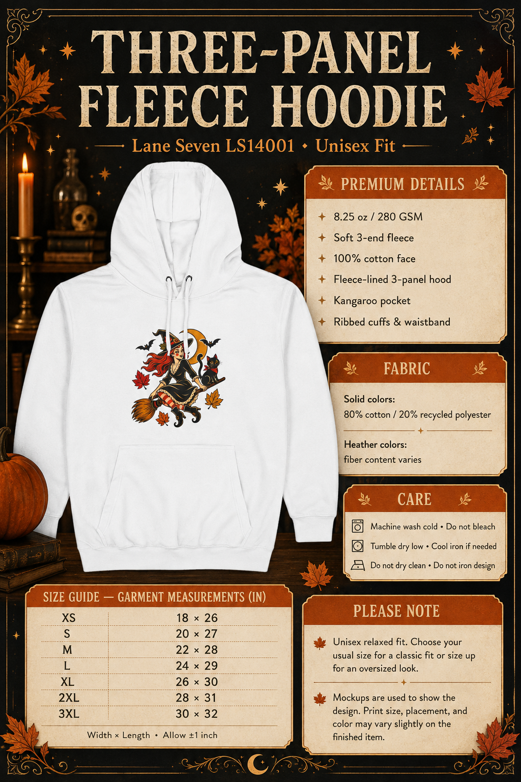 Witch on Broom Hoodie | Halloween Cat, Falling Leaves, Crescent Moon