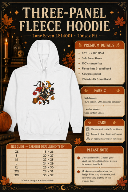 Witch on Broom Hoodie | Halloween Cat, Falling Leaves, Crescent Moon