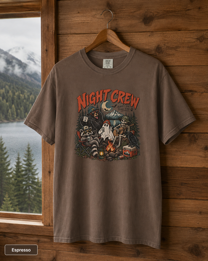 Night Crew Camping Tee — Retro Ghost Campfire T-Shirt