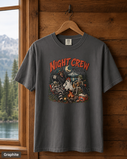Night Crew Camping Tee — Retro Ghost Campfire T-Shirt