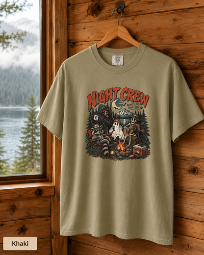 Night Crew Camping Tee — Retro Ghost Campfire T-Shirt