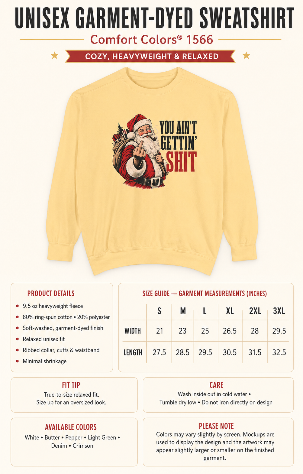 Funny Rude Santa Sweatshirt, Adult Christmas Crewneck, You Aint Gettin Shit Vintage Holiday Pullover, Unisex Garment-Dyed Gift