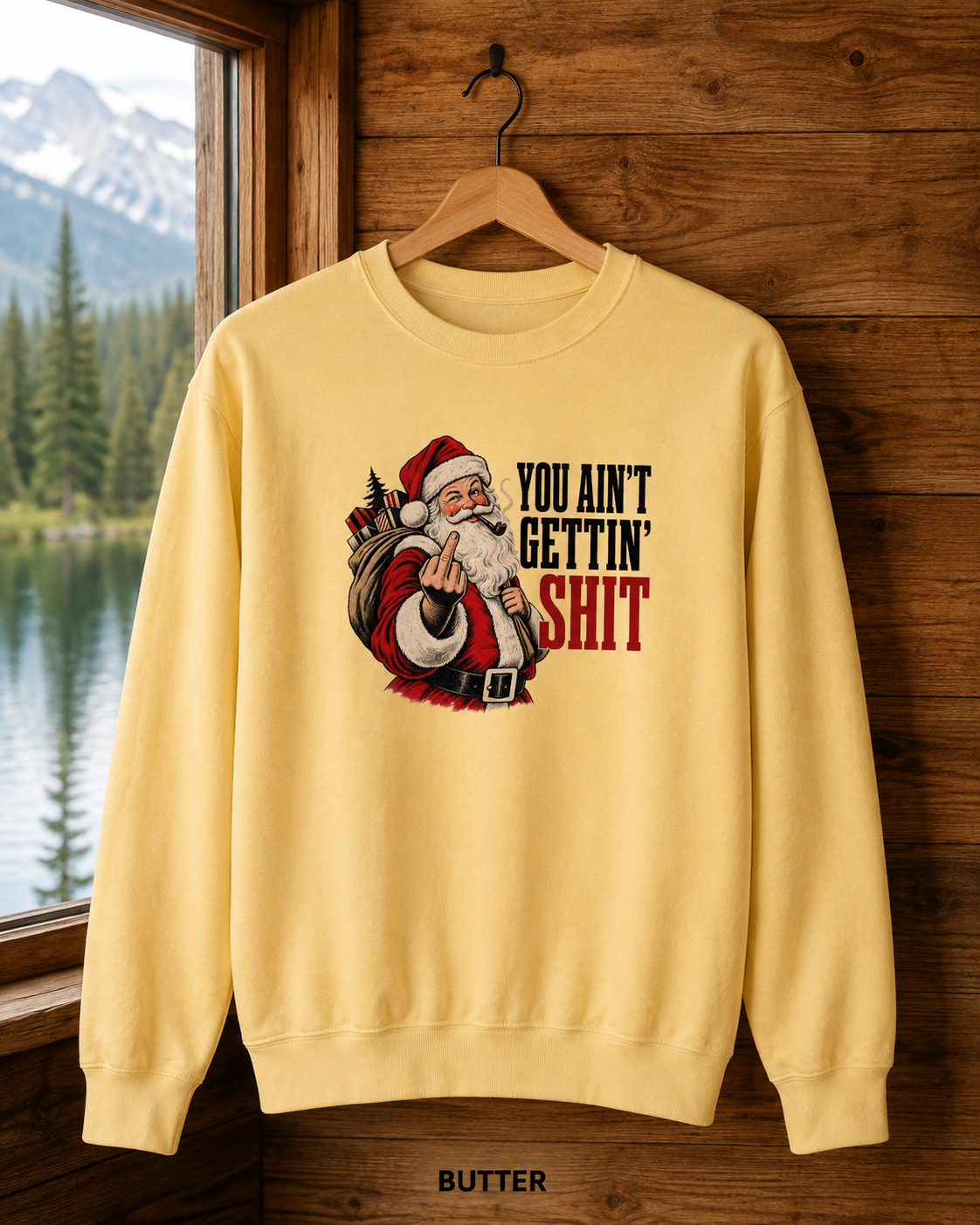 Funny Rude Santa Sweatshirt, Adult Christmas Crewneck, You Aint Gettin Shit Vintage Holiday Pullover, Unisex Garment-Dyed Gift