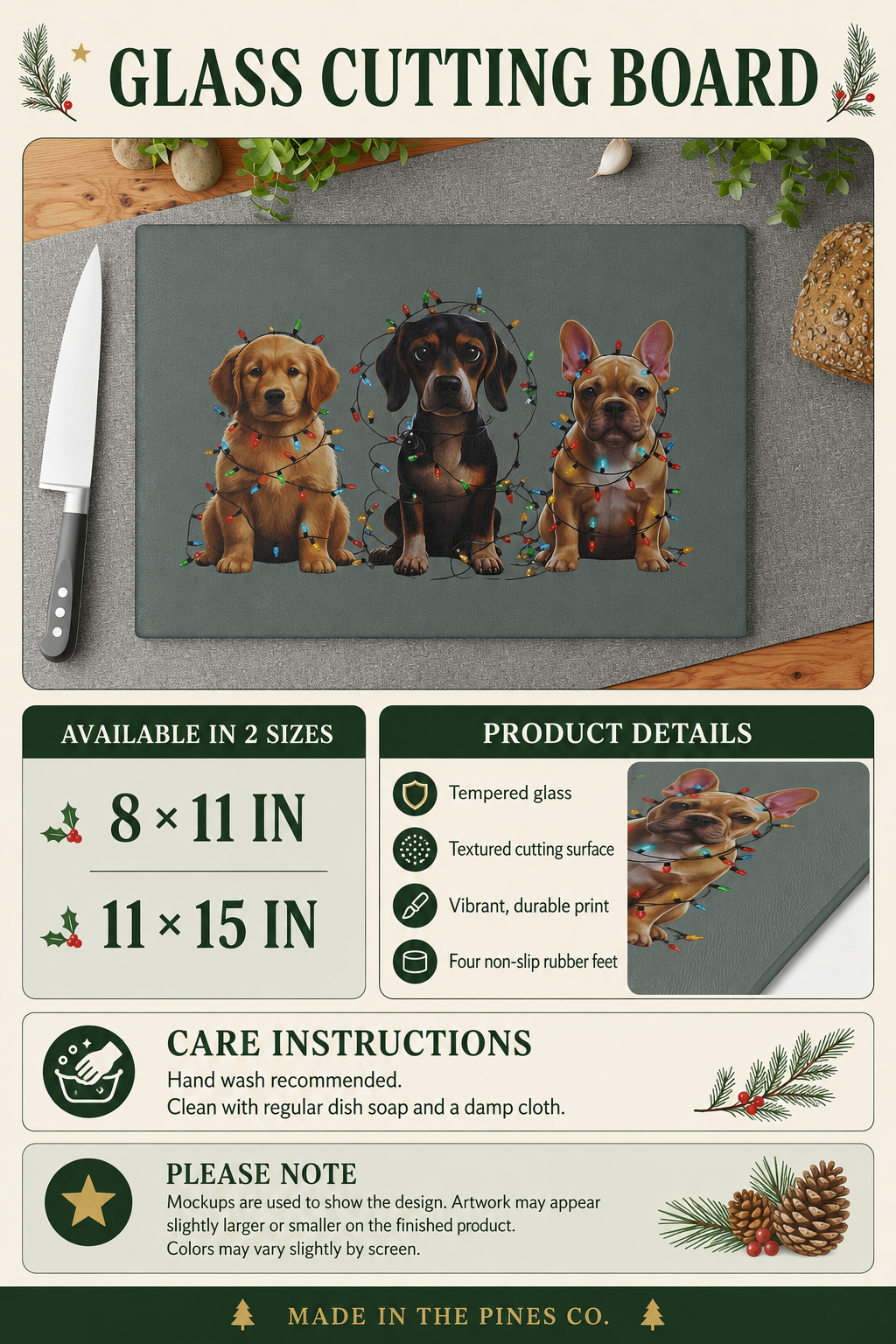 Christmas Dogs Glass Cutting Board, Golden Retriever Dachshund French Bulldog Kitchen Decor, Holiday Gift for Dog Lovers
