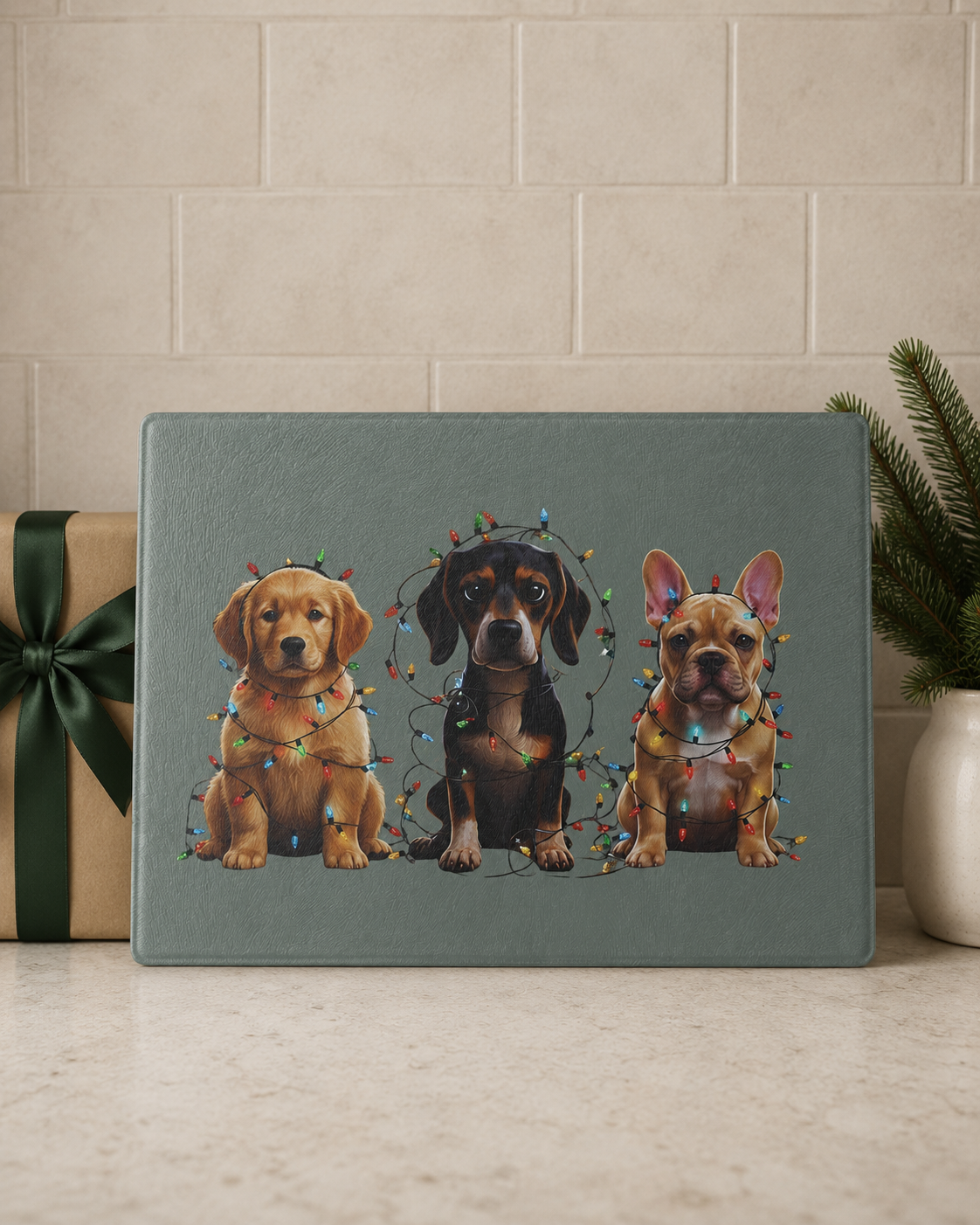 Christmas Dogs Glass Cutting Board, Golden Retriever Dachshund French Bulldog Kitchen Decor, Holiday Gift for Dog Lovers