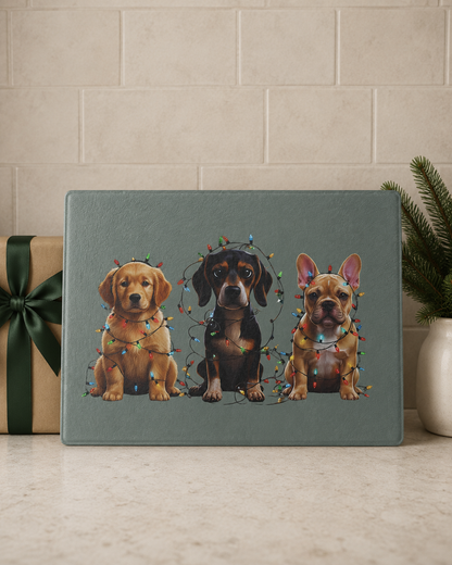 Christmas Dogs Glass Cutting Board, Golden Retriever Dachshund French Bulldog Kitchen Decor, Holiday Gift for Dog Lovers