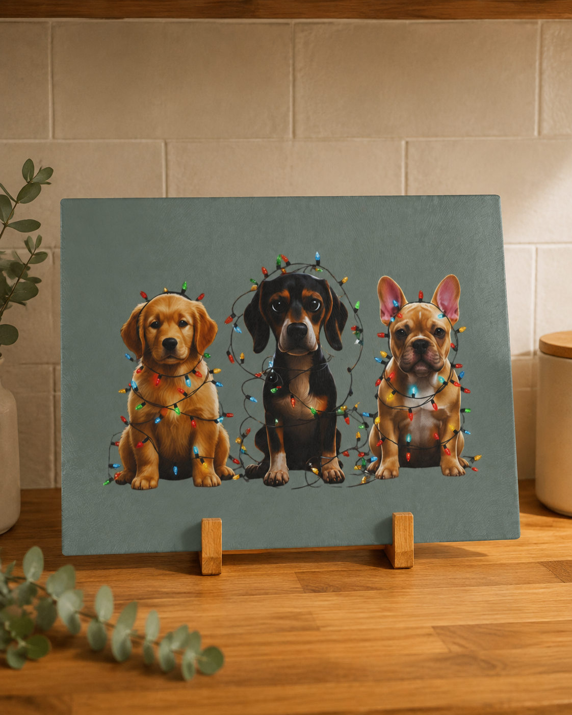 Christmas Dogs Glass Cutting Board, Golden Retriever Dachshund French Bulldog Kitchen Decor, Holiday Gift for Dog Lovers