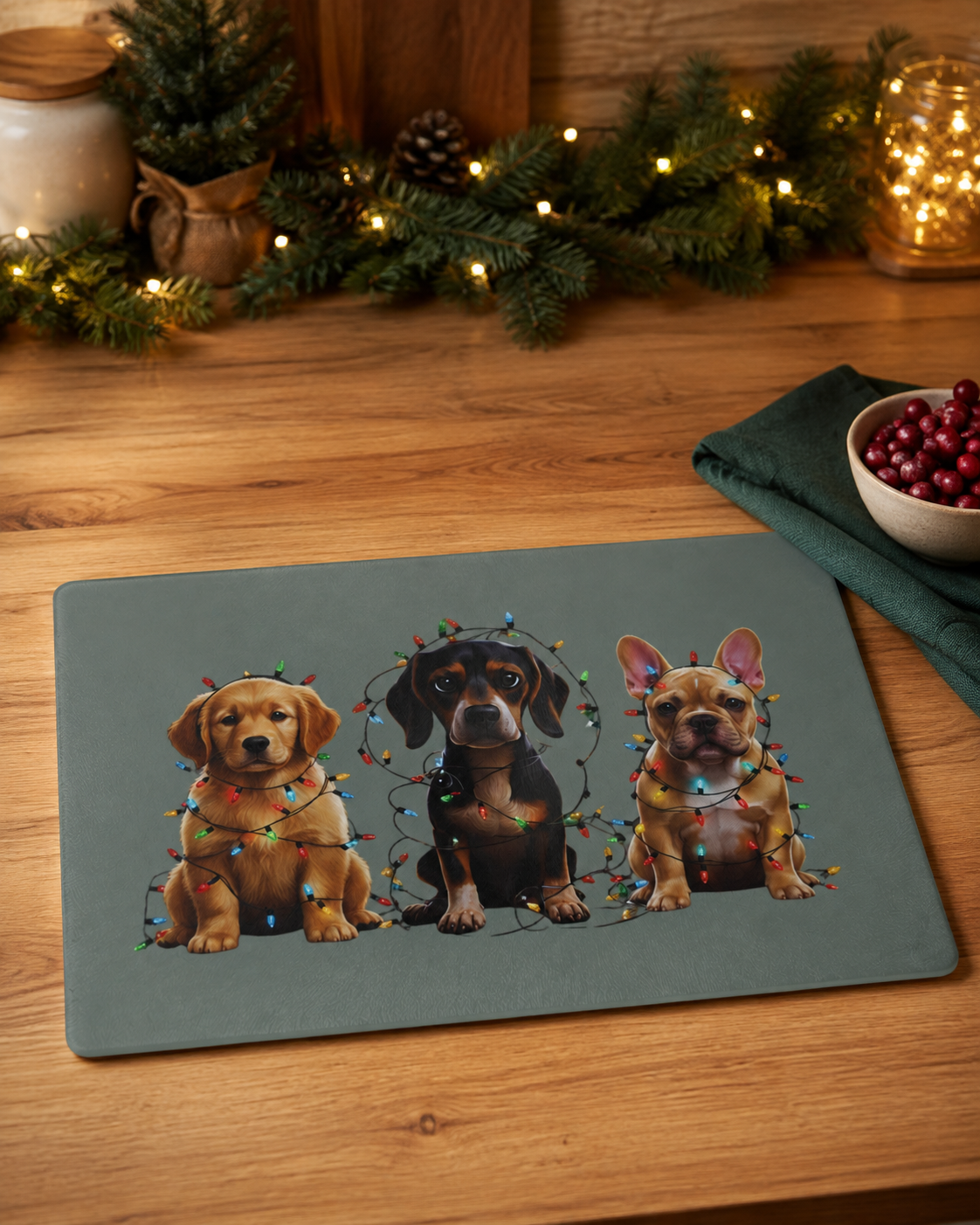 Christmas Dogs Glass Cutting Board, Golden Retriever Dachshund French Bulldog Kitchen Decor, Holiday Gift for Dog Lovers