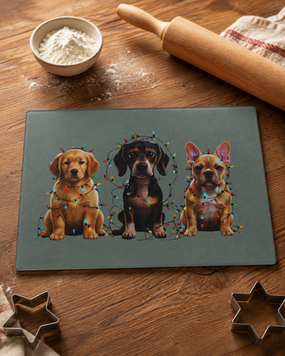 Christmas Dogs Glass Cutting Board, Golden Retriever Dachshund French Bulldog Kitchen Decor, Holiday Gift for Dog Lovers