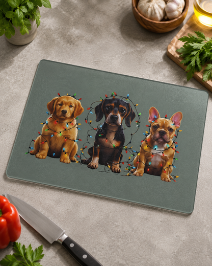 Christmas Dogs Glass Cutting Board, Golden Retriever Dachshund French Bulldog Kitchen Decor, Holiday Gift for Dog Lovers
