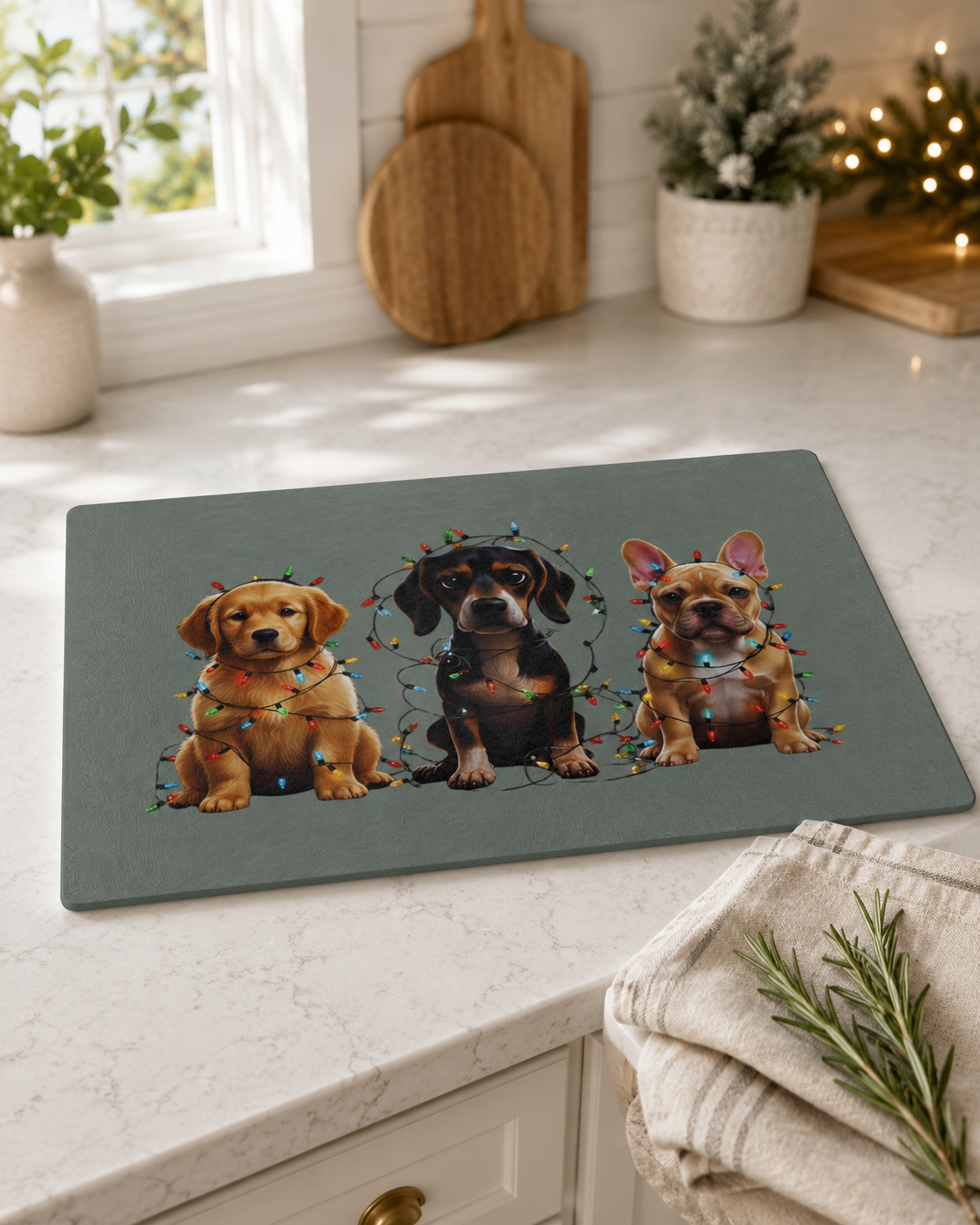 Christmas Dogs Glass Cutting Board, Golden Retriever Dachshund French Bulldog Kitchen Decor, Holiday Gift for Dog Lovers