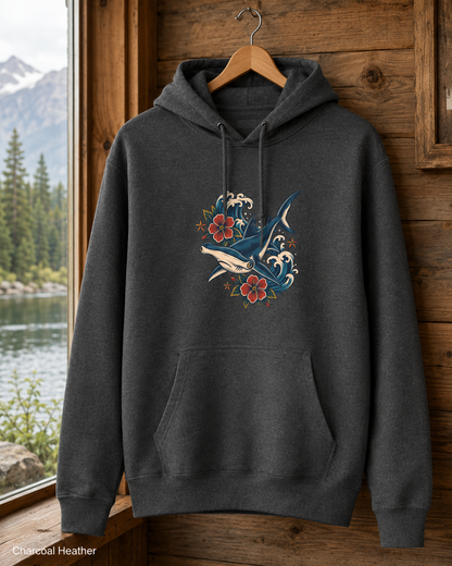 Hammerhead Shark Hoodie, Vintage Tattoo Ocean Waves and Hibiscus Pullover, Unisex Marine Life Fleece Sweatshirt