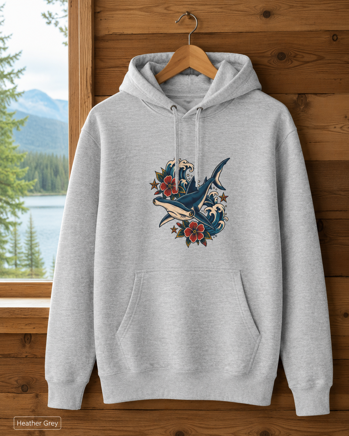 Hammerhead Shark Hoodie, Vintage Tattoo Ocean Waves and Hibiscus Pullover, Unisex Marine Life Fleece Sweatshirt