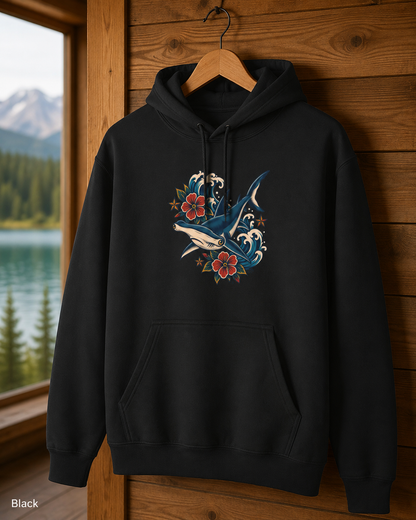 Hammerhead Shark Hoodie, Vintage Tattoo Ocean Waves and Hibiscus Pullover, Unisex Marine Life Fleece Sweatshirt