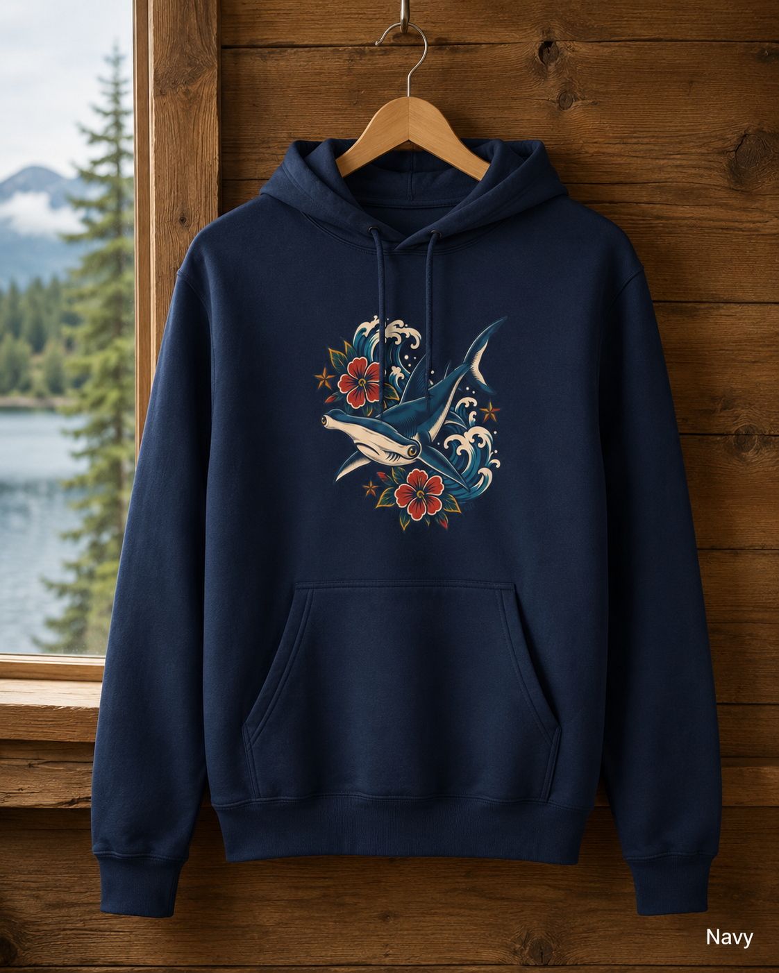 Hammerhead Shark Hoodie, Vintage Tattoo Ocean Waves and Hibiscus Pullover, Unisex Marine Life Fleece Sweatshirt