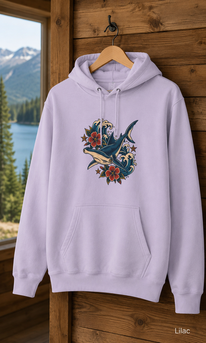 Hammerhead Shark Hoodie, Vintage Tattoo Ocean Waves and Hibiscus Pullover, Unisex Marine Life Fleece Sweatshirt
