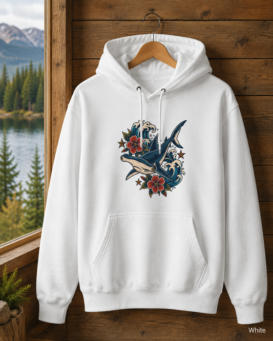 Hammerhead Shark Hoodie, Vintage Tattoo Ocean Waves and Hibiscus Pullover, Unisex Marine Life Fleece Sweatshirt