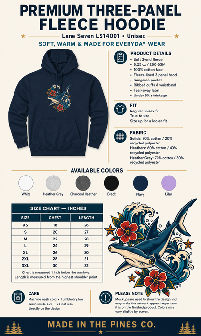 Hammerhead Shark Hoodie, Vintage Tattoo Ocean Waves and Hibiscus Pullover, Unisex Marine Life Fleece Sweatshirt