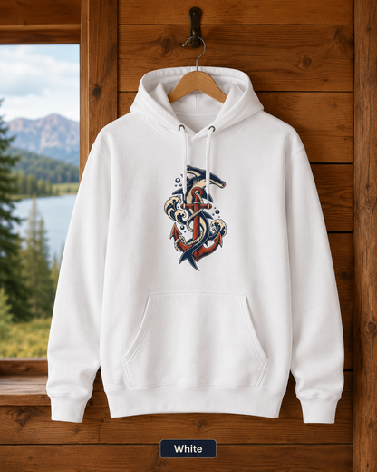 Hammerhead Shark Anchor Hoodie, Nautical Ocean Wave Sweatshirt, Vintage Tattoo Style Coastal Unisex Fleece Pullover