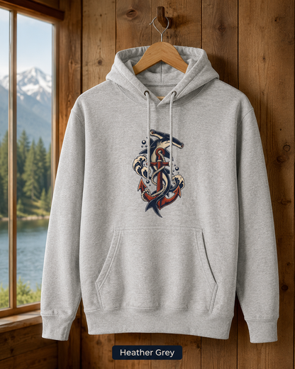 Hammerhead Shark Anchor Hoodie, Nautical Ocean Wave Sweatshirt, Vintage Tattoo Style Coastal Unisex Fleece Pullover