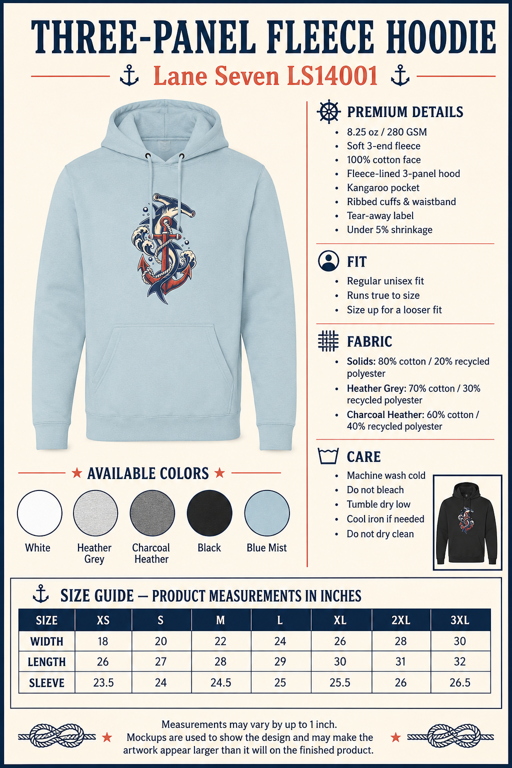 Hammerhead Shark Anchor Hoodie, Nautical Ocean Wave Sweatshirt, Vintage Tattoo Style Coastal Unisex Fleece Pullover