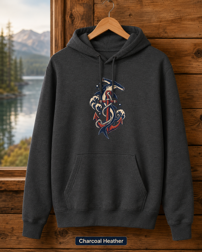 Hammerhead Shark Anchor Hoodie, Nautical Ocean Wave Sweatshirt, Vintage Tattoo Style Coastal Unisex Fleece Pullover