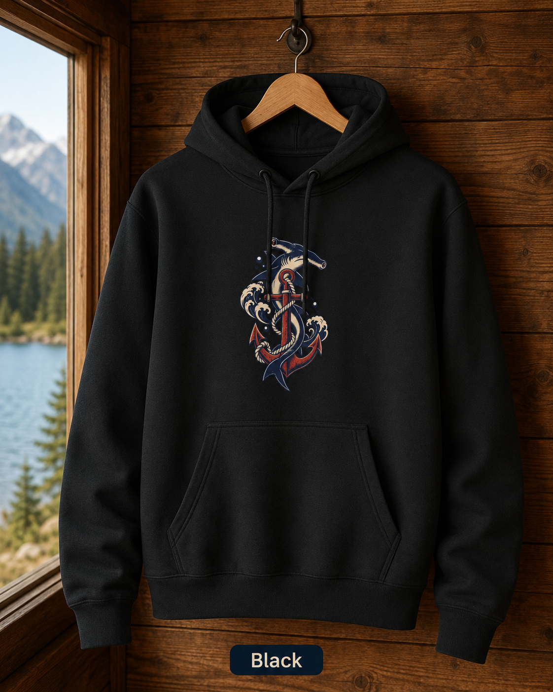 Hammerhead Shark Anchor Hoodie, Nautical Ocean Wave Sweatshirt, Vintage Tattoo Style Coastal Unisex Fleece Pullover