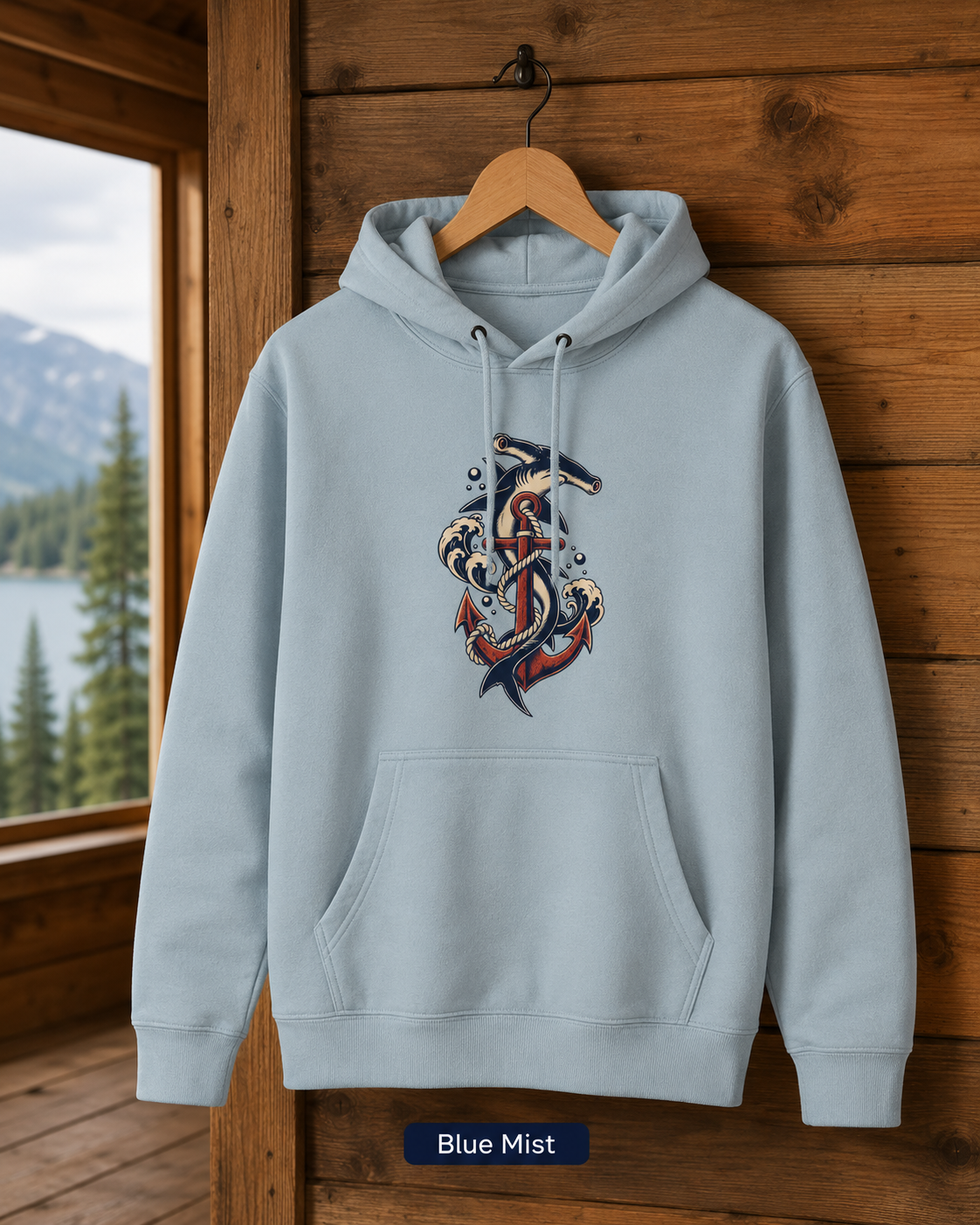 Hammerhead Shark Anchor Hoodie, Nautical Ocean Wave Sweatshirt, Vintage Tattoo Style Coastal Unisex Fleece Pullover