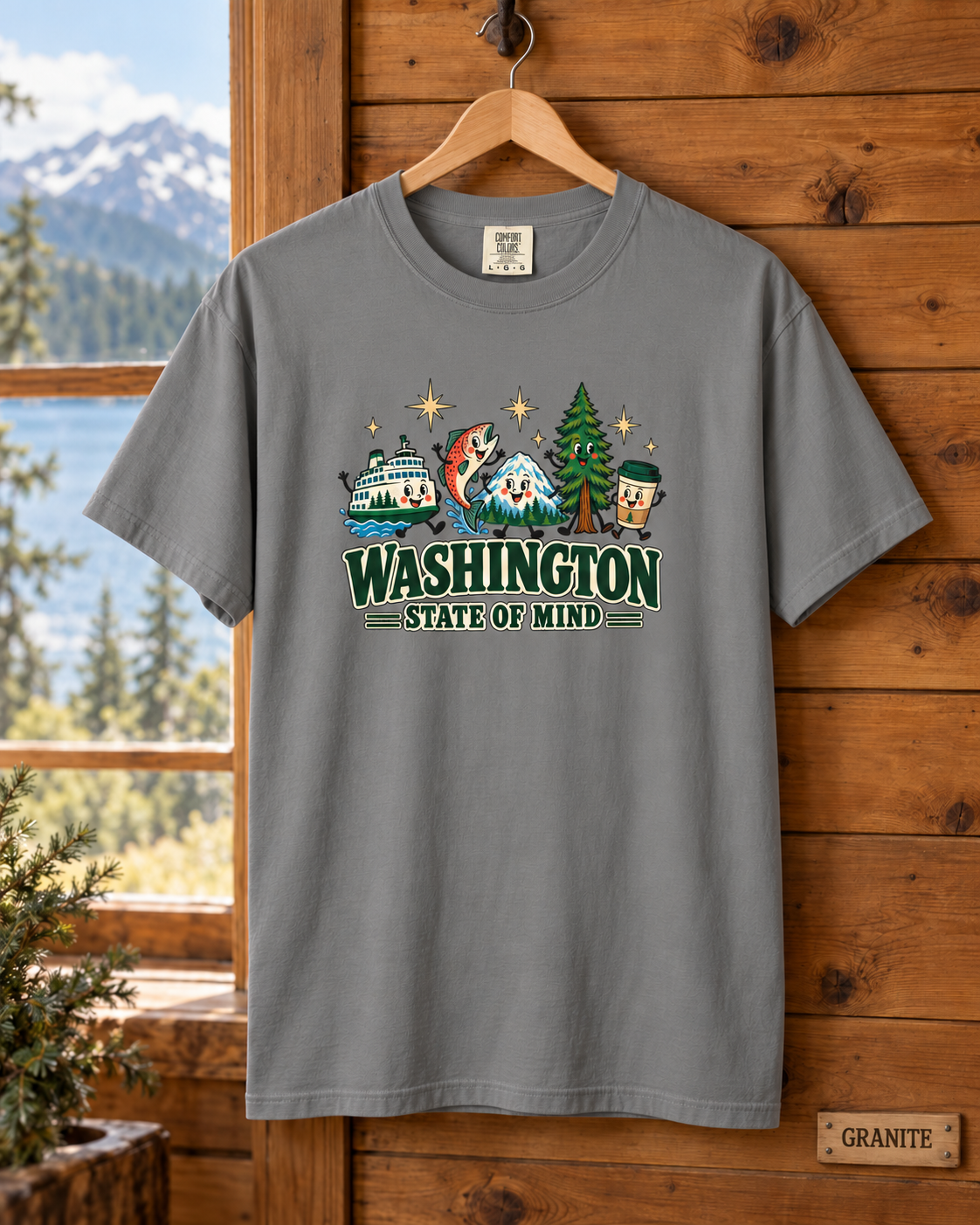 Washington State of Mind T-Shirt, Cute PNW Graphic Tee, Ferry Salmon Mount Rainier Coffee Comfort Colors Shirt